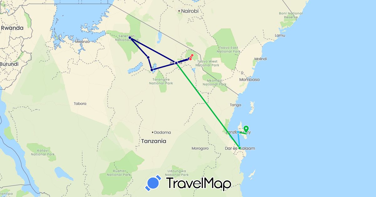 TravelMap itinerary: driving, bus, hiking, boat in Tanzania (Africa)