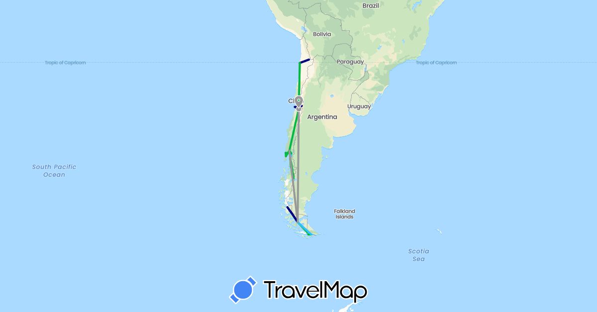 TravelMap itinerary: driving, bus, plane, boat, hitchhiking in Argentina, Chile (South America)