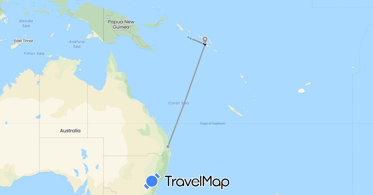 TravelMap itinerary: driving, plane, boat in Australia, Solomon Islands (Oceania)